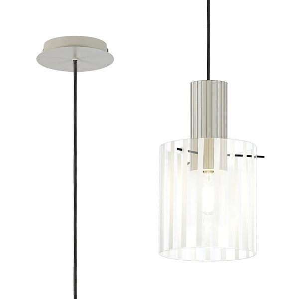 Belstone Wide Ribbed Single Drop Pendant in Beige Stone with Frosted & Clear Glass