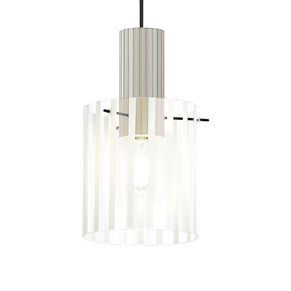 Belstone Wide Ribbed Single Drop Pendant in Beige Stone with Frosted & Clear Glass