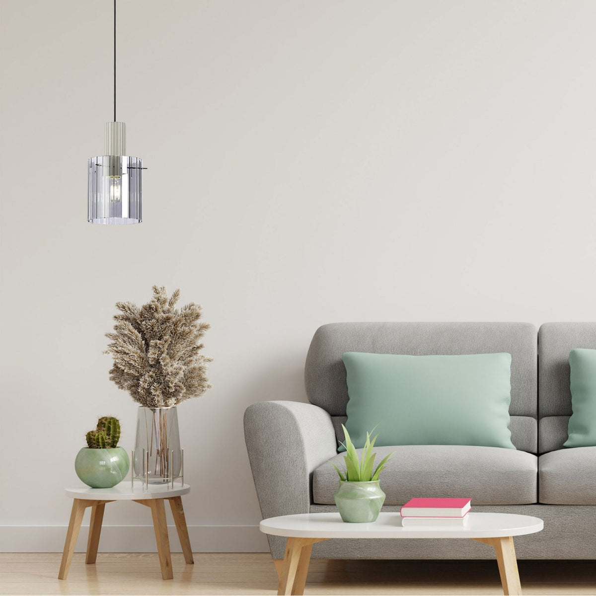 Belstone Wide Ribbed Single Drop Pendant in Beige Stone with Smoke Glass