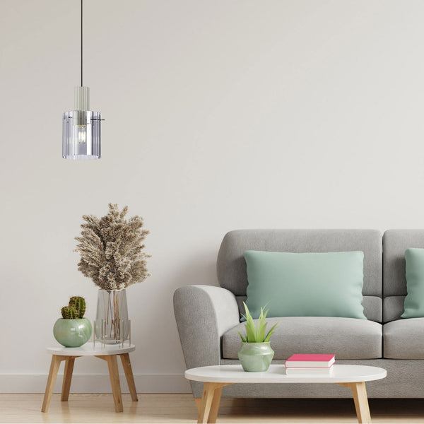 Belstone Wide Ribbed Single Drop Pendant in Beige Stone with Smoke Glass