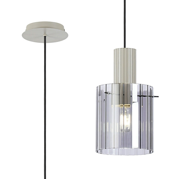 Belstone Wide Ribbed Single Drop Pendant in Beige Stone with Smoke Glass