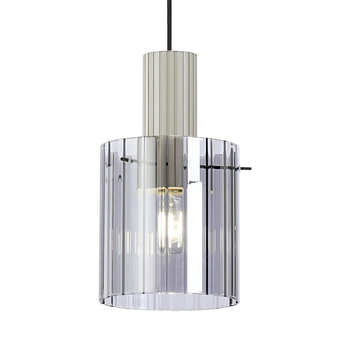 Belstone Wide Ribbed Single Drop Pendant in Beige Stone with Smoke Glass