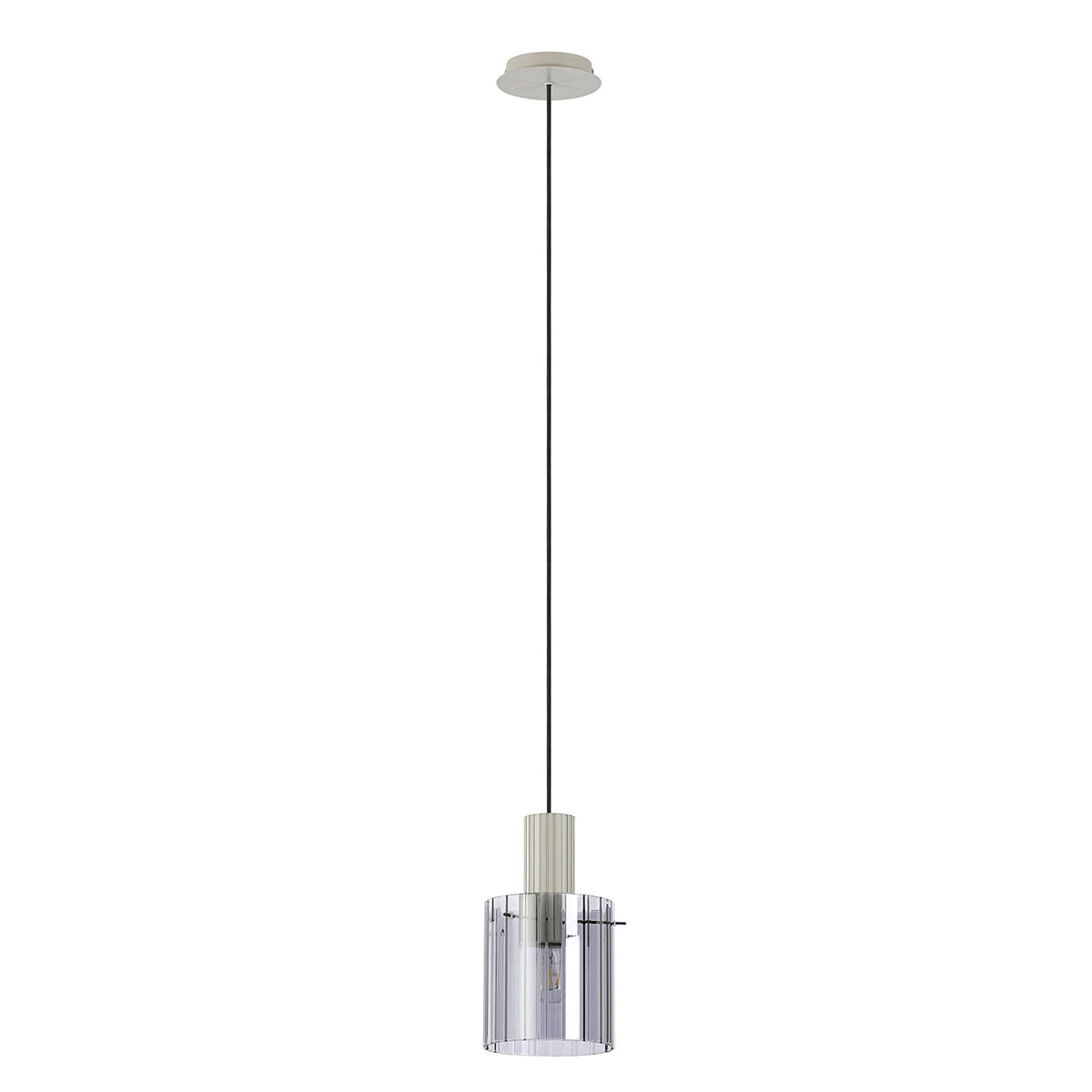 Belstone Wide Ribbed Single Drop Pendant in Beige Stone with Smoke Glass