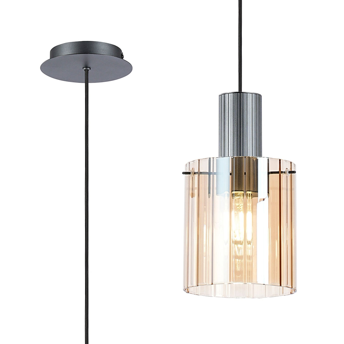 Belstone Wide Ribbed Single Drop Pendant in Dark Grey with Amber Glass