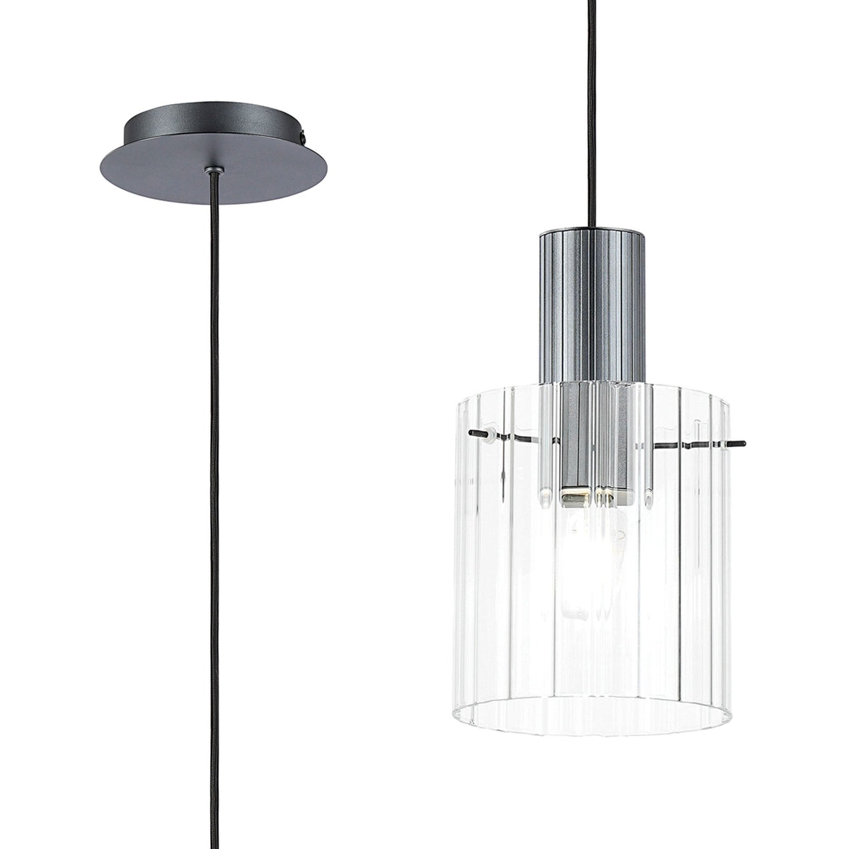 Belstone Wide Ribbed Single Drop Pendant in Dark Grey with Clear Glass