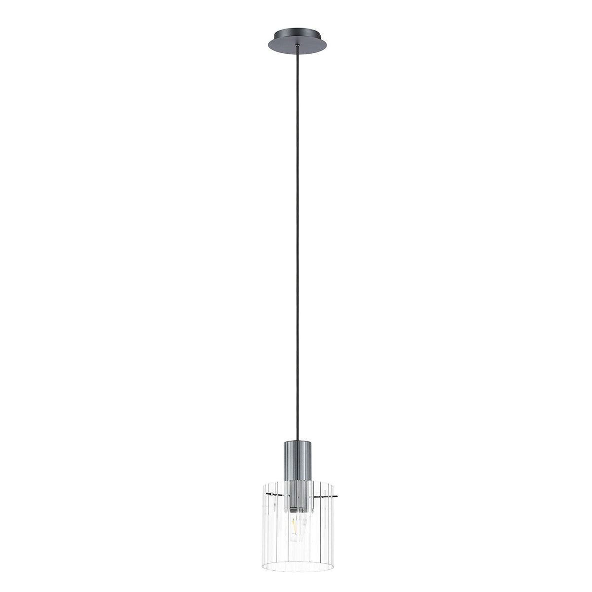 Belstone Wide Ribbed Single Drop Pendant in Dark Grey with Clear Glass