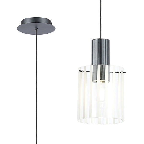 Belstone Wide Ribbed Single Drop Pendant in Dark Grey with Frosted & Clear Glass