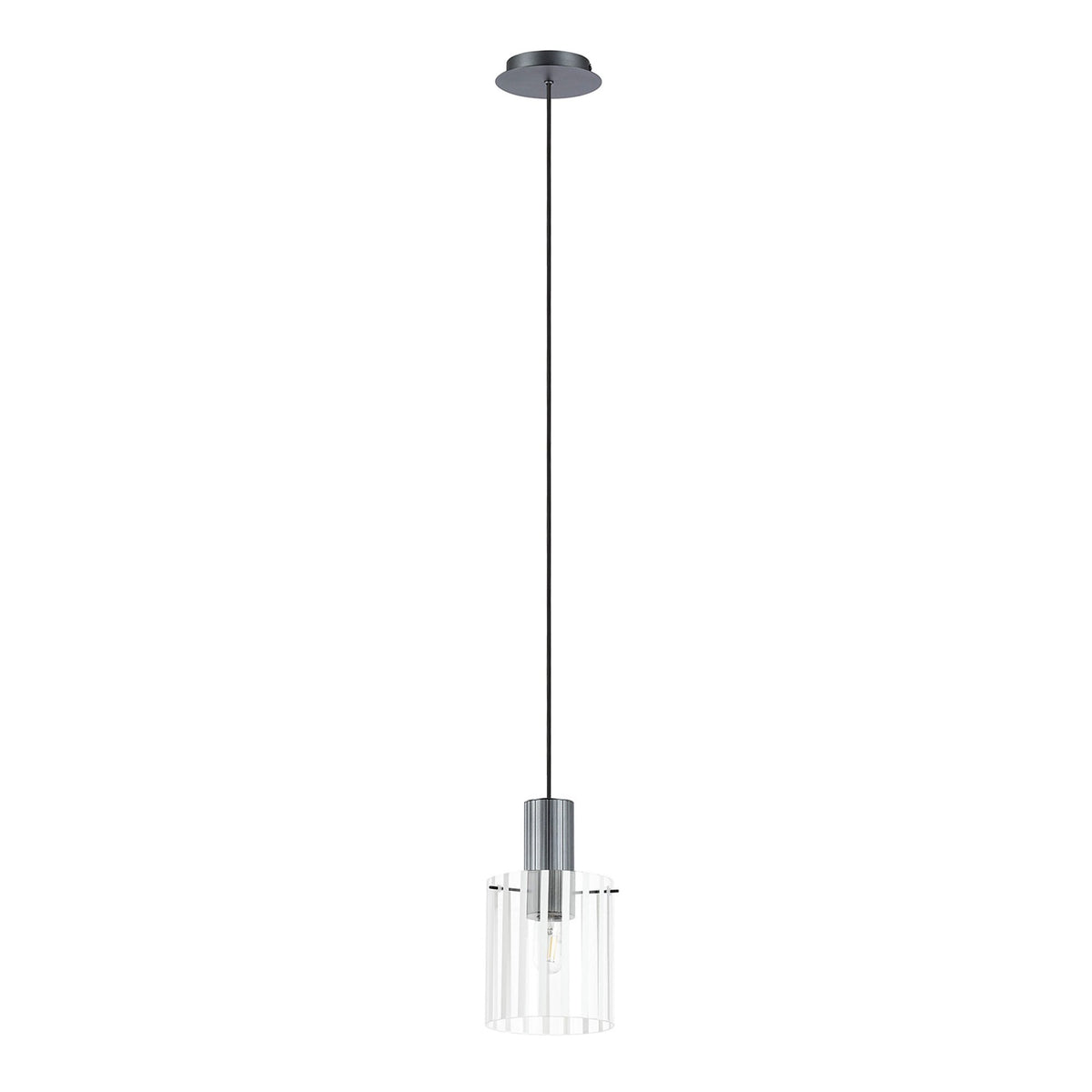 Belstone Wide Ribbed Single Drop Pendant in Dark Grey with Frosted & Clear Glass