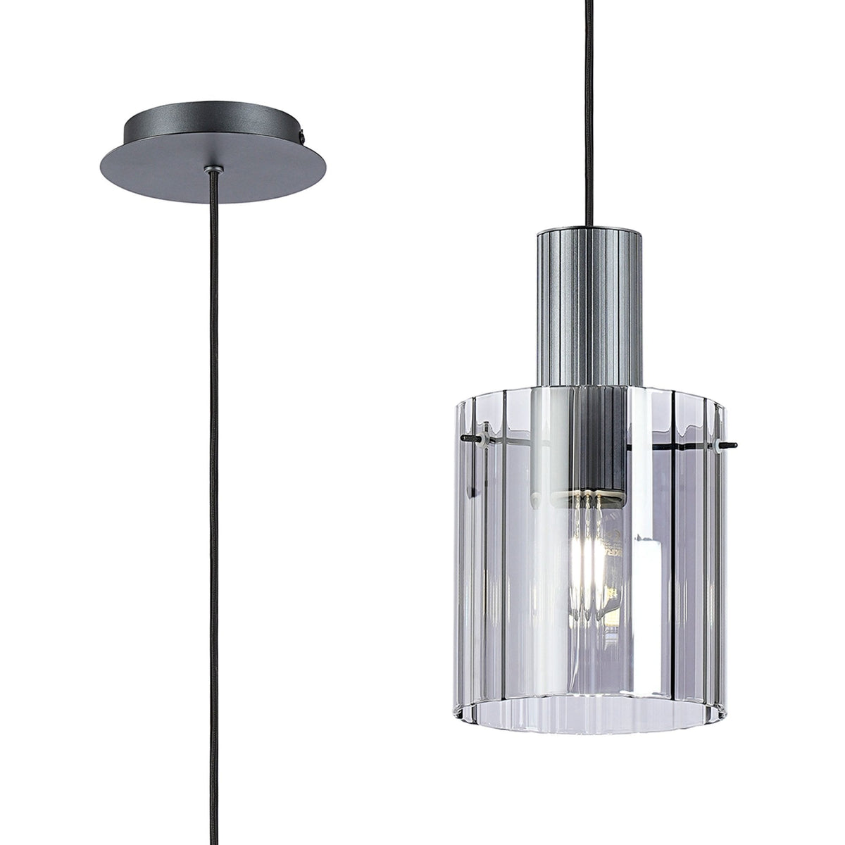 Belstone Wide Ribbed Single Drop Pendant in Dark Grey with Smoke Glass