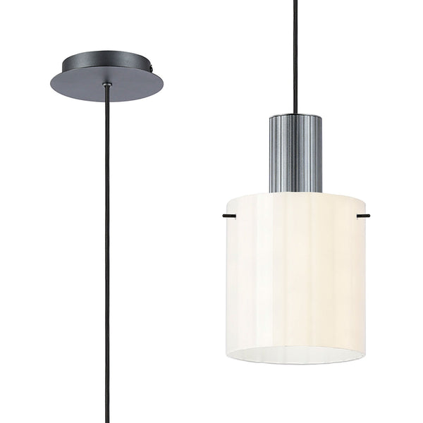 Belstone Wide Ribbed Single Drop Pendant in Dark Grey with Gloss White Glass