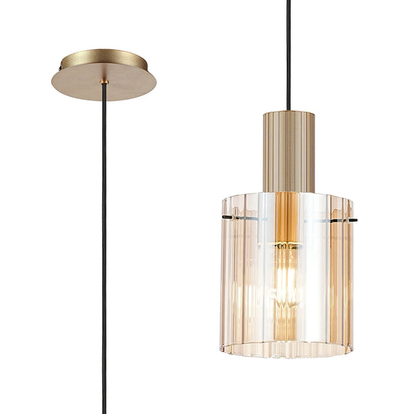 Belstone Wide Ribbed Single Drop Pendant in Light Gold with Amber Glass