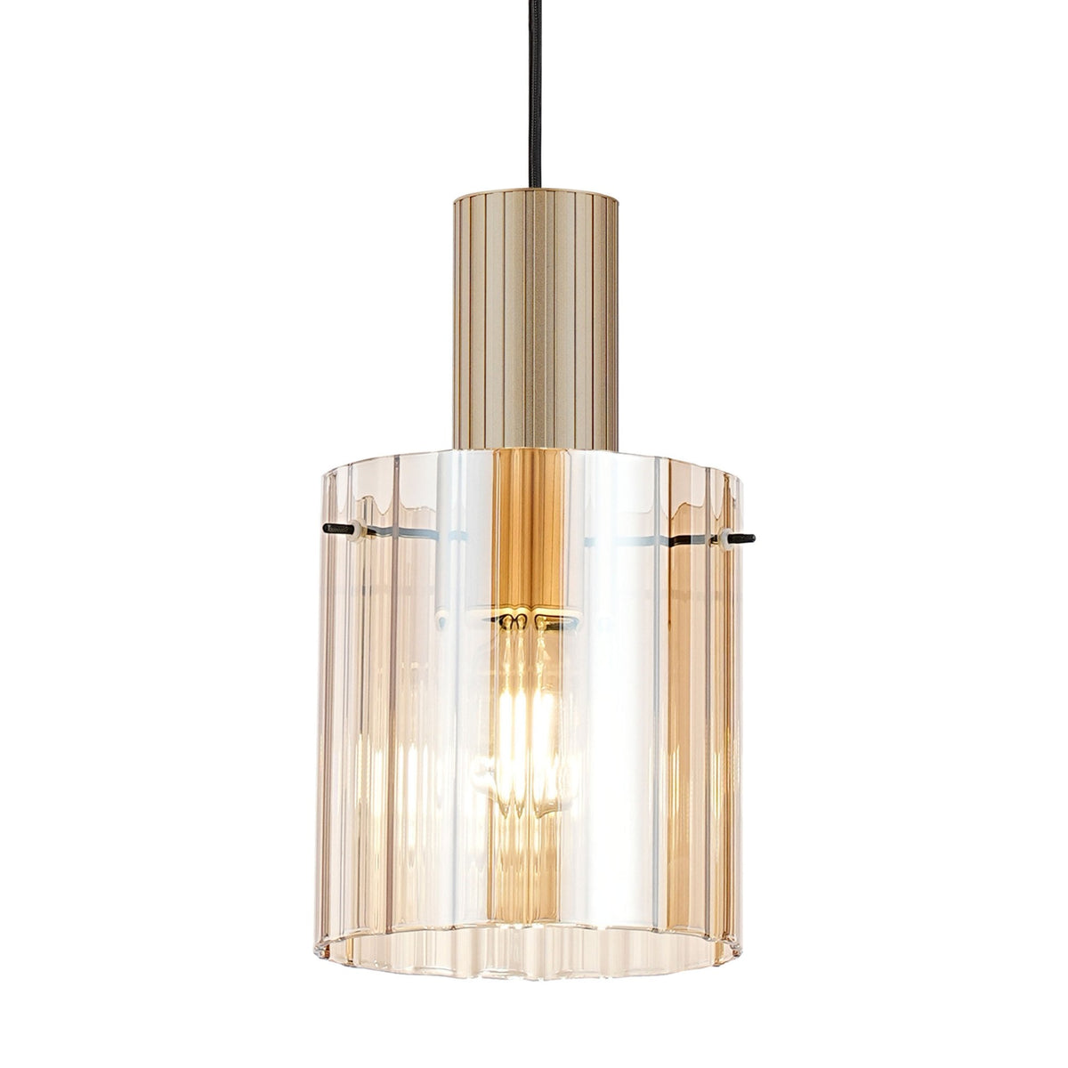 Belstone Wide Ribbed Single Drop Pendant in Light Gold with Amber Glass