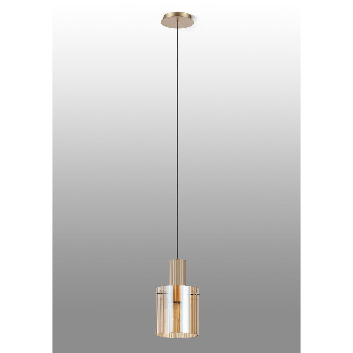 Belstone Wide Ribbed Single Drop Pendant in Light Gold with Amber Glass