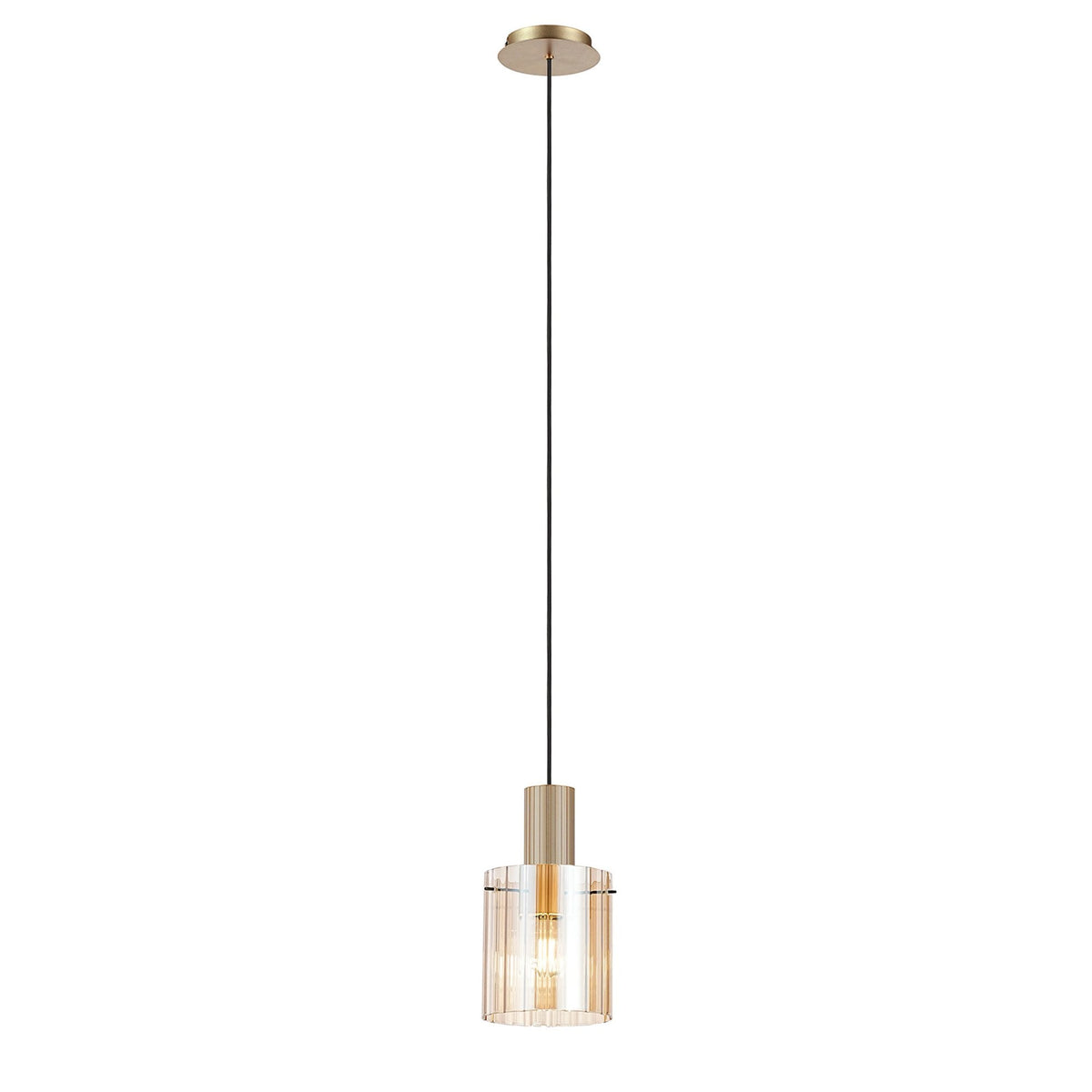 Belstone Wide Ribbed Single Drop Pendant in Light Gold with Amber Glass