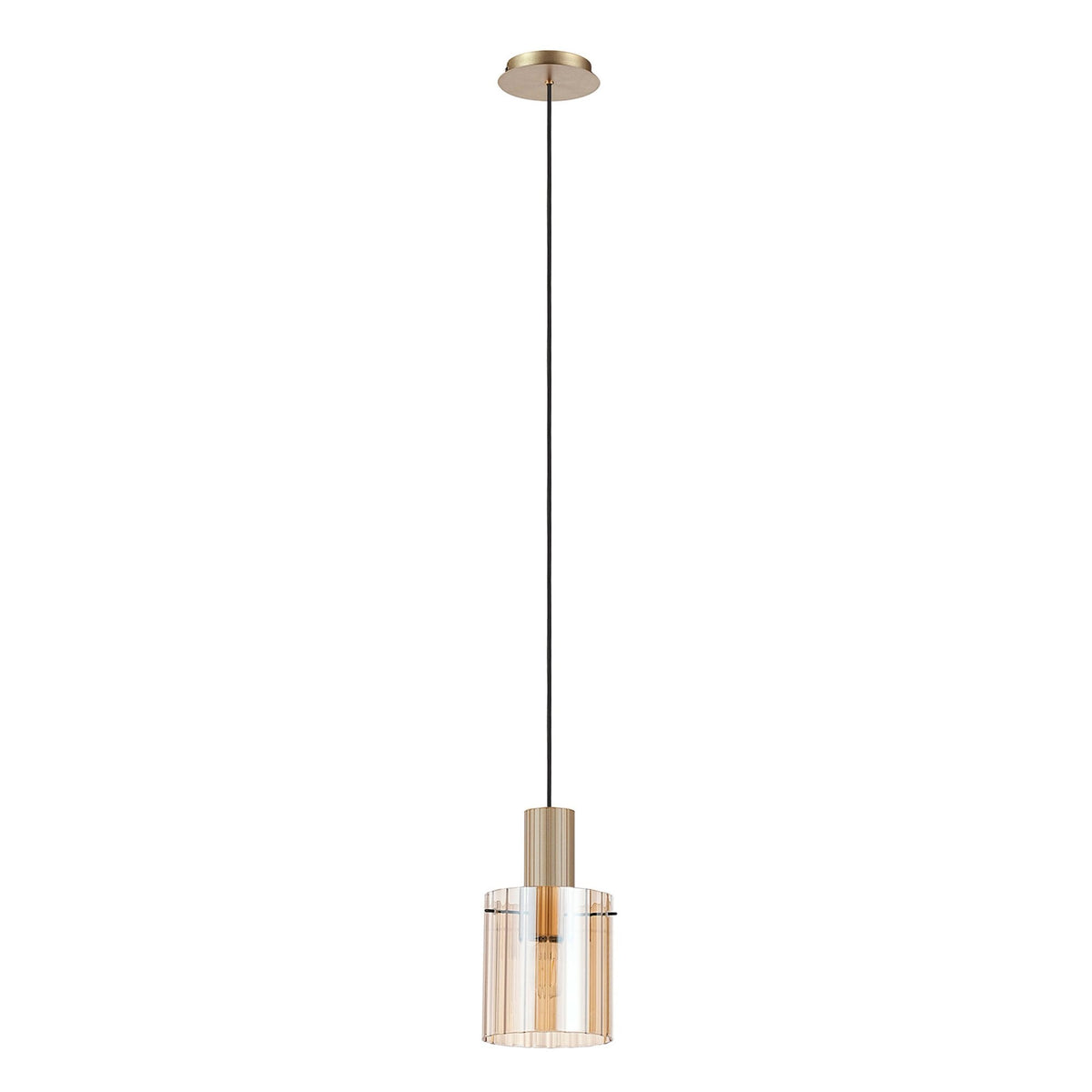 Belstone Wide Ribbed Single Drop Pendant in Light Gold with Amber Glass