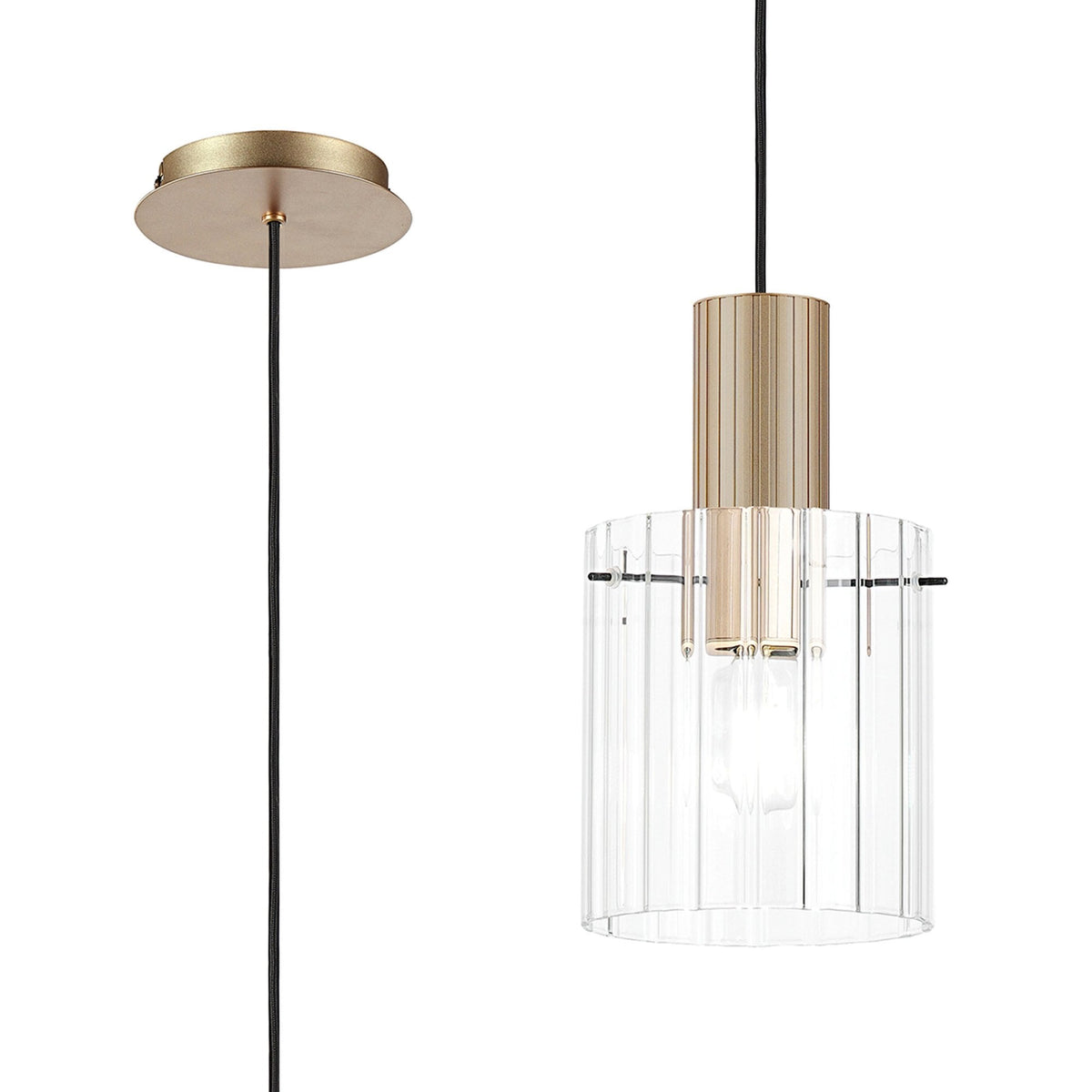 Belstone Wide Ribbed Single Drop Pendant in Light Gold with Clear Glass