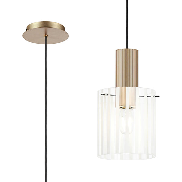 Belstone Wide Ribbed Single Drop Pendant in Light Gold with Frosted & Clear Glass