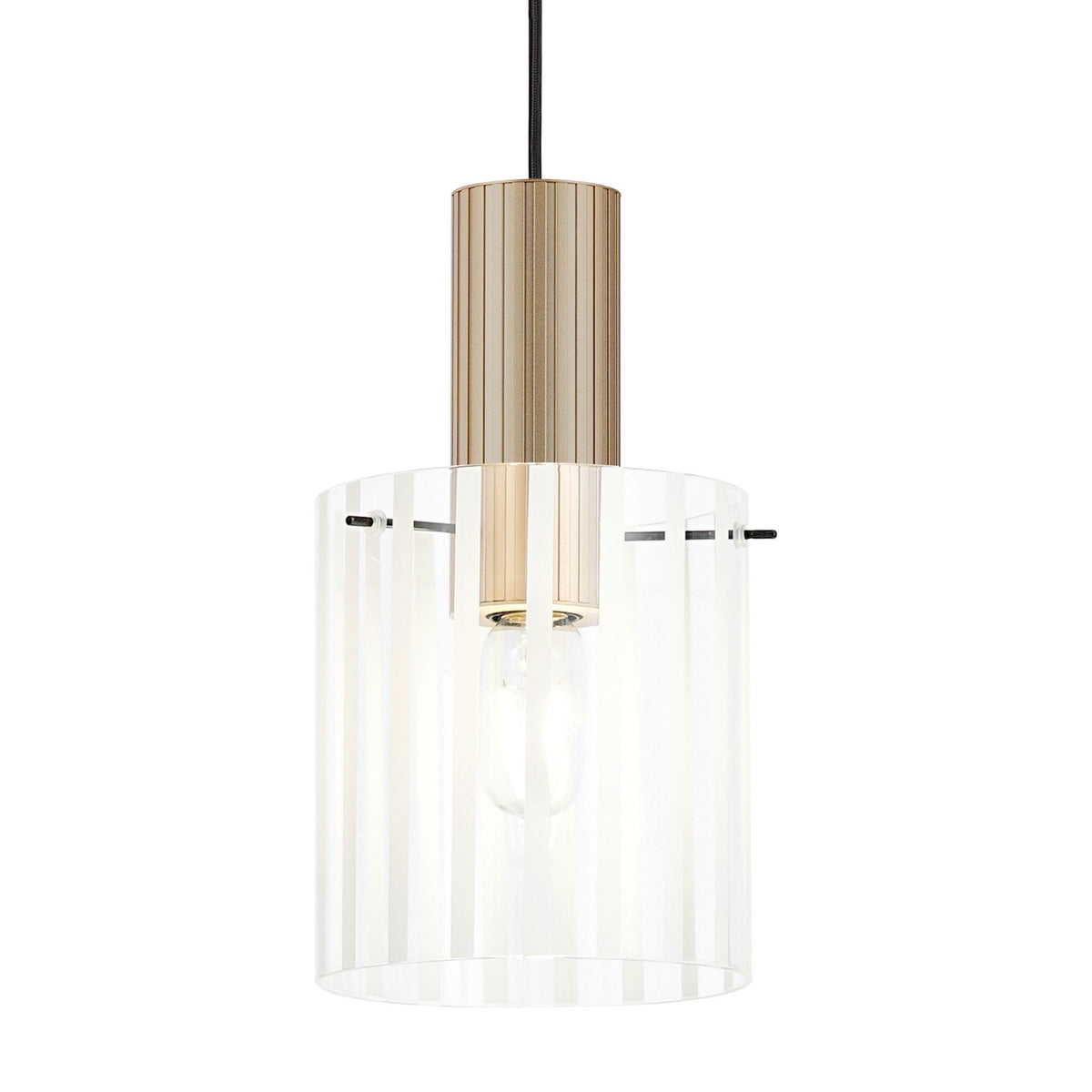 Belstone Wide Ribbed Single Drop Pendant in Light Gold with Frosted & Clear Glass