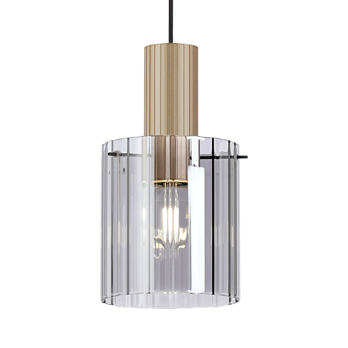 Belstone Wide Ribbed Single Drop Pendant in Light Gold with Smoke Glass