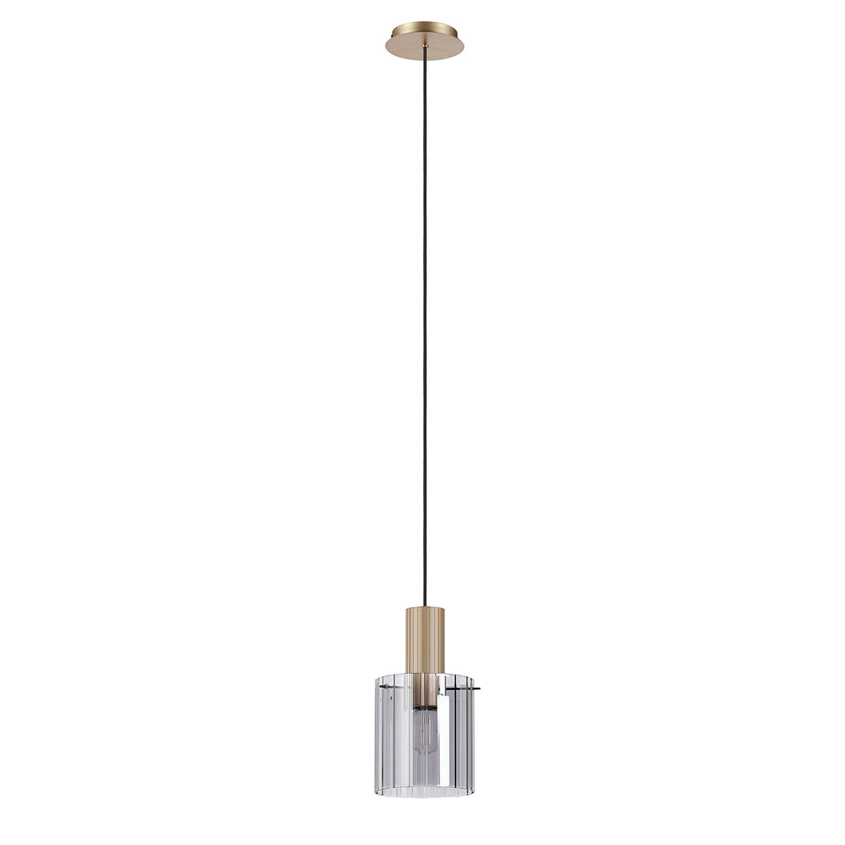 Belstone Wide Ribbed Single Drop Pendant in Light Gold with Smoke Glass