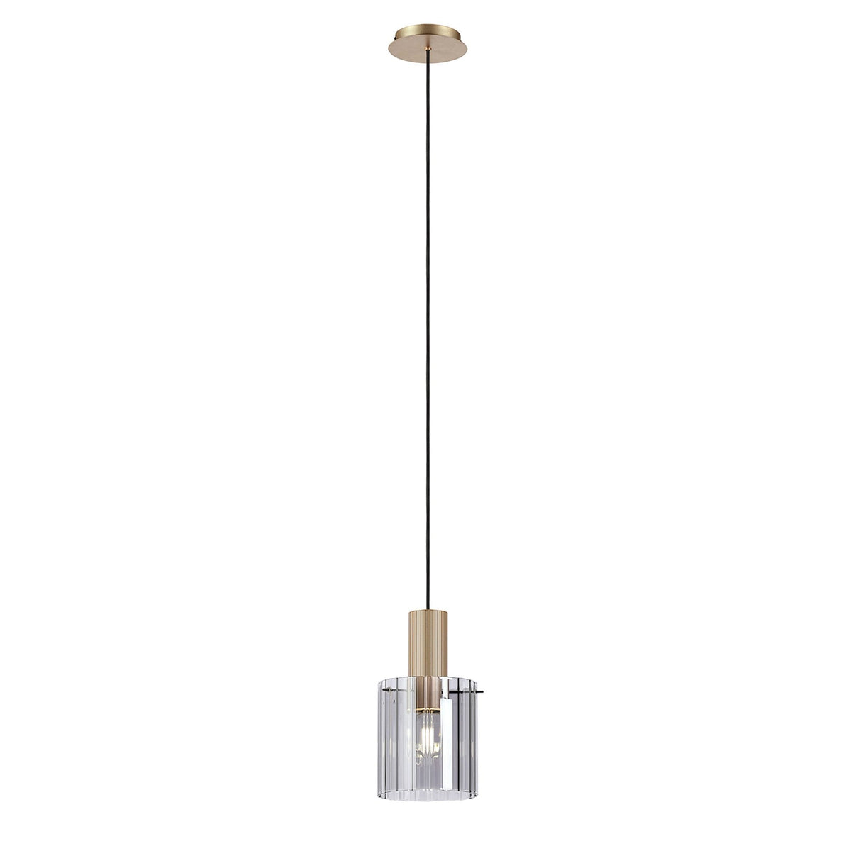 Belstone Wide Ribbed Single Drop Pendant in Light Gold with Smoke Glass