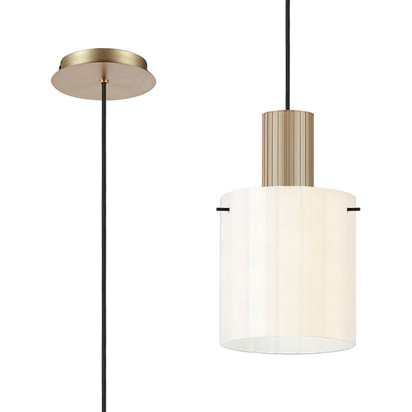 Belstone Wide Ribbed Single Drop Pendant in Light Gold with Gloss White Glass