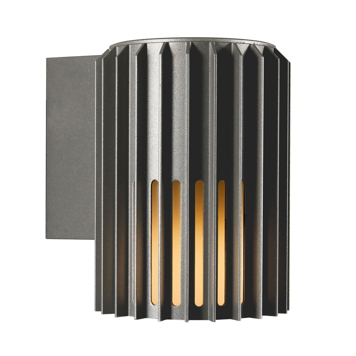 A dark grey cylindrical outdoor wall light with vertical slits revealing a warm glow.