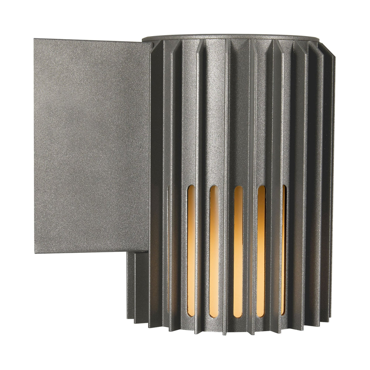 A dark grey cylindrical outdoor wall light with vertical slits revealing a warm glow.
