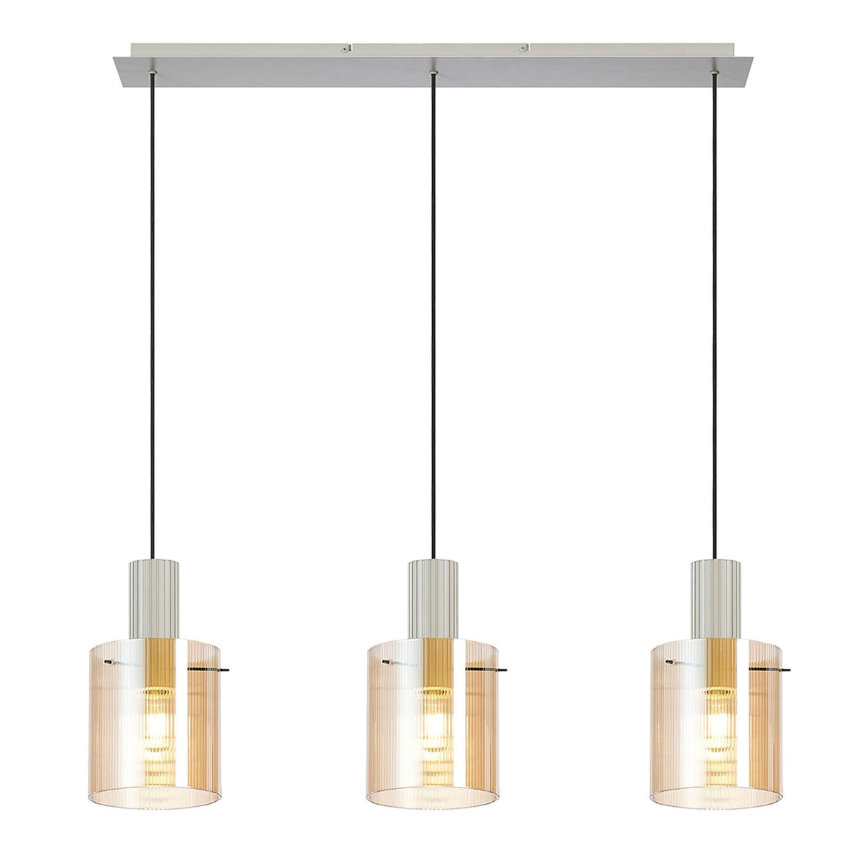 Three cylindrical pendant lights with amber glass shades on a white background.