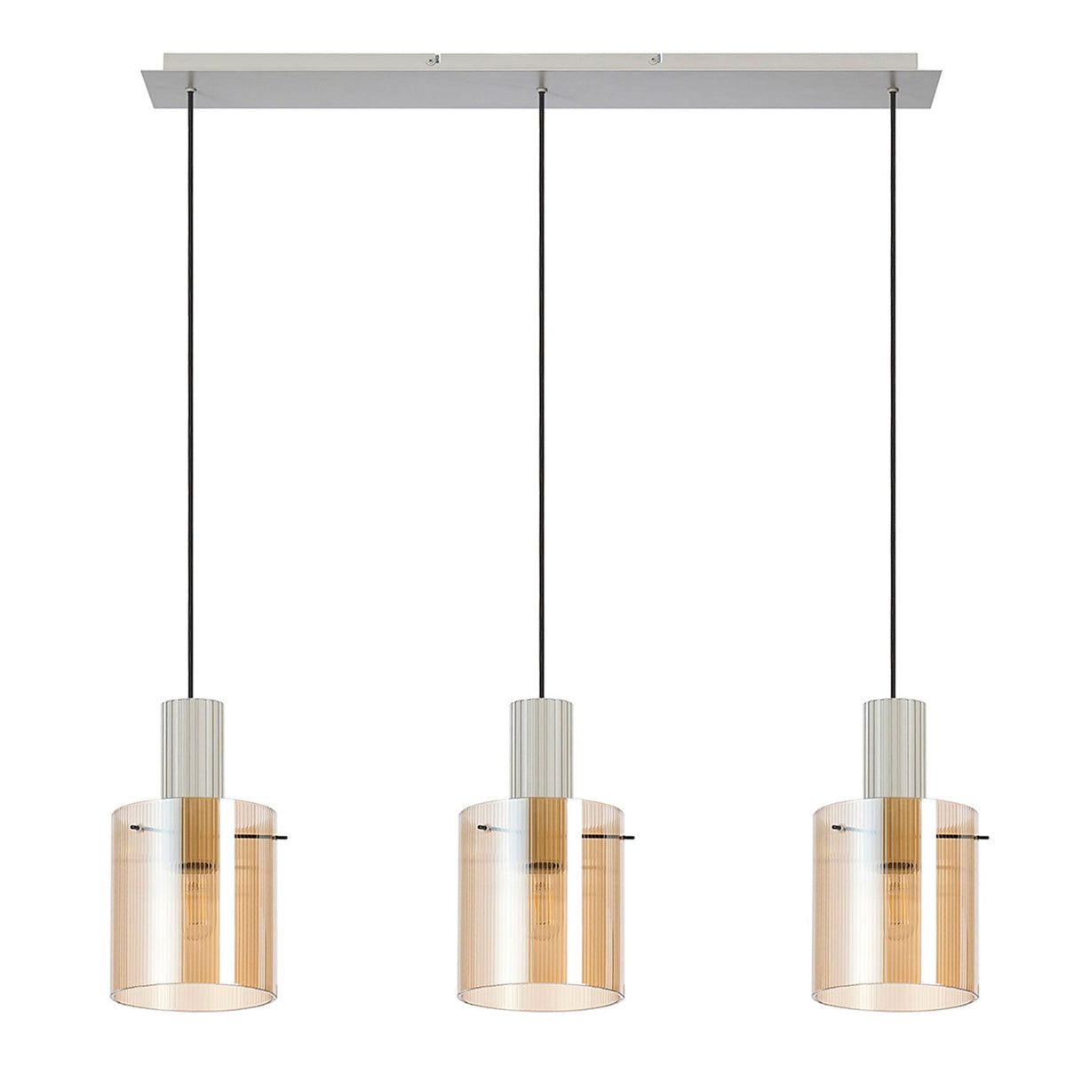Three cylindrical pendant lights with amber glass shades on a grey background.