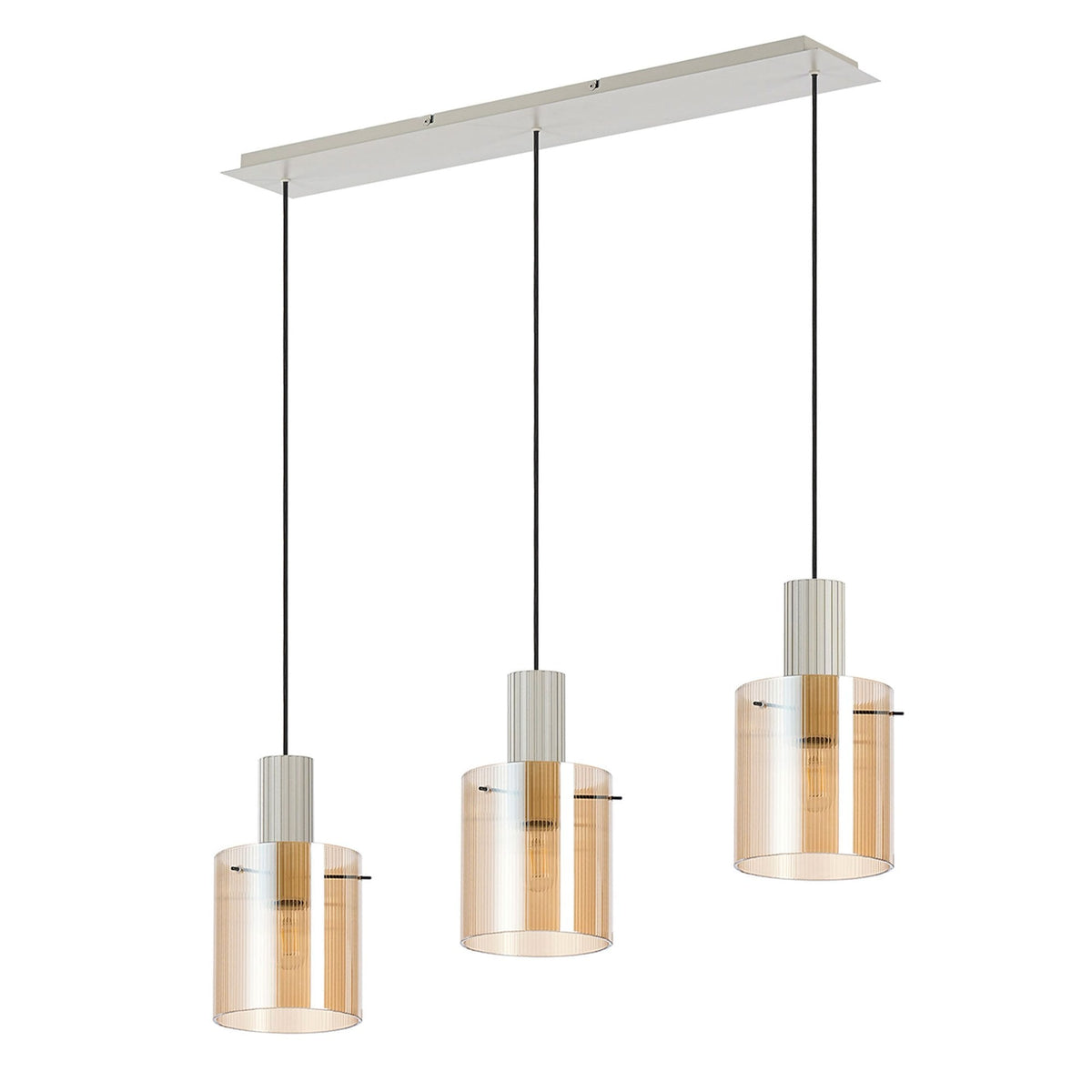 Three cylindrical pendant lights with amber glass shades on a white background.