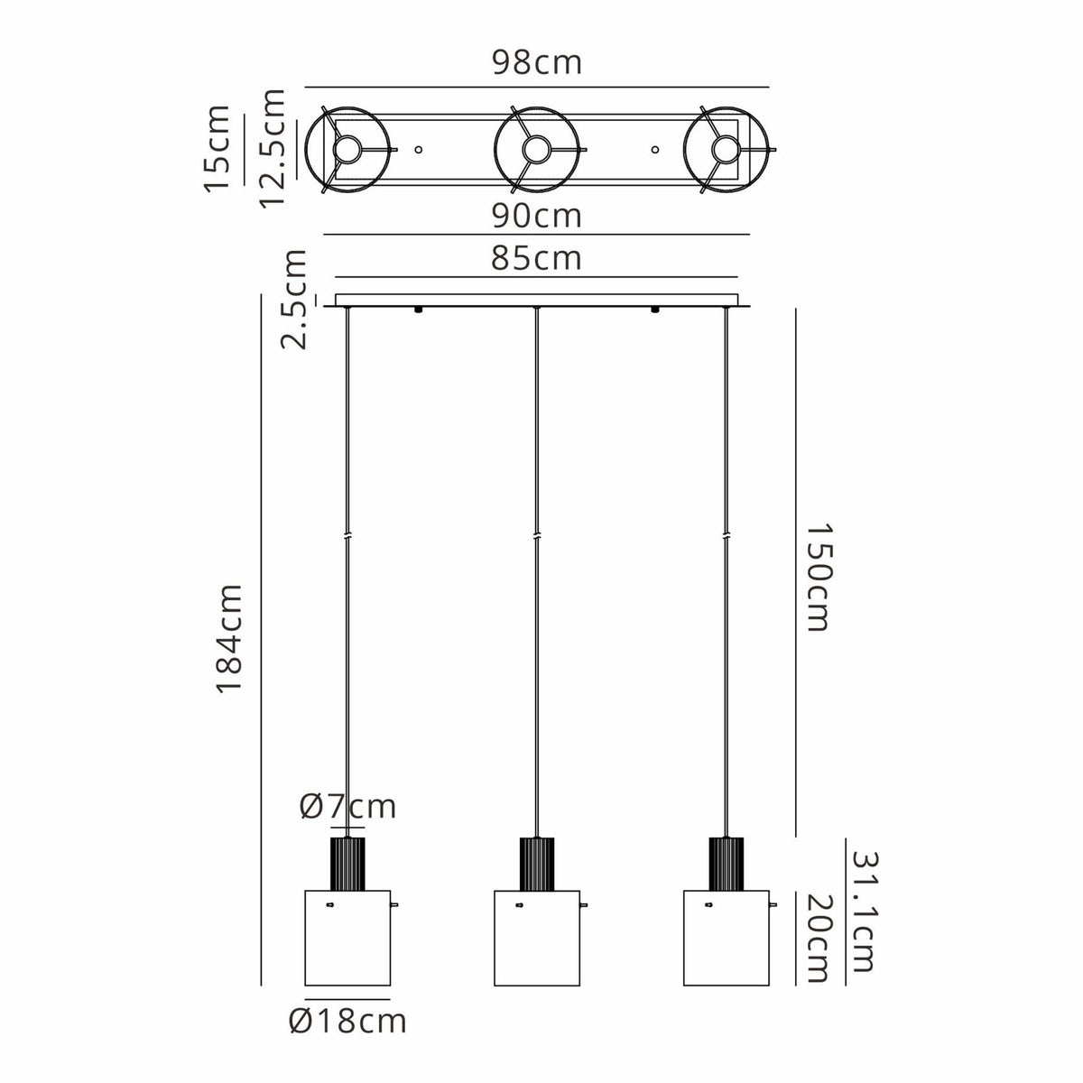 Belstone Wide Ribbed Triple Drop Linear Pendant in Light Gold with Smoke Glass