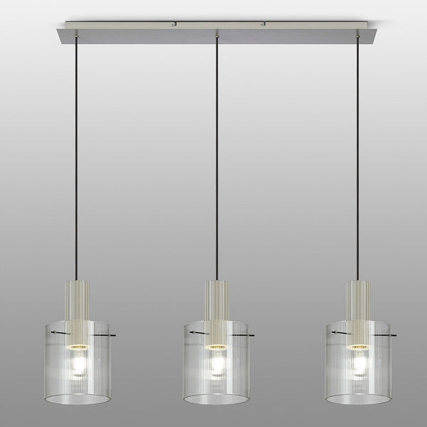 Belstone Fine Ribbed Triple Drop Linear Pendant in Beige Stone with Clear Glass