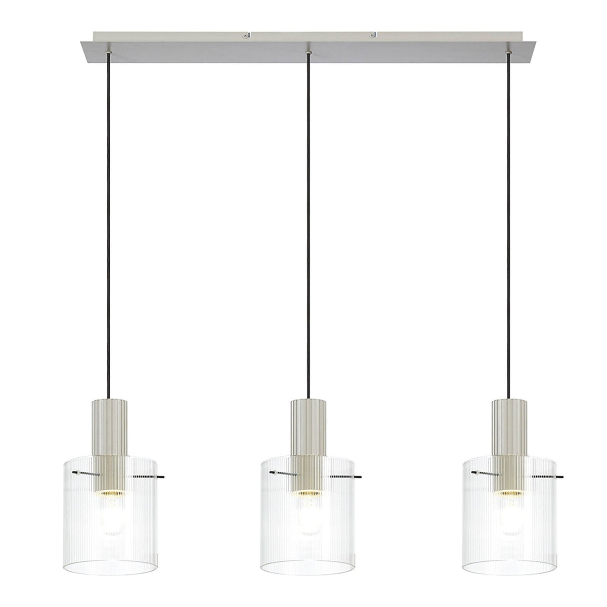 Belstone Fine Ribbed Triple Drop Linear Pendant in Beige Stone with Clear Glass