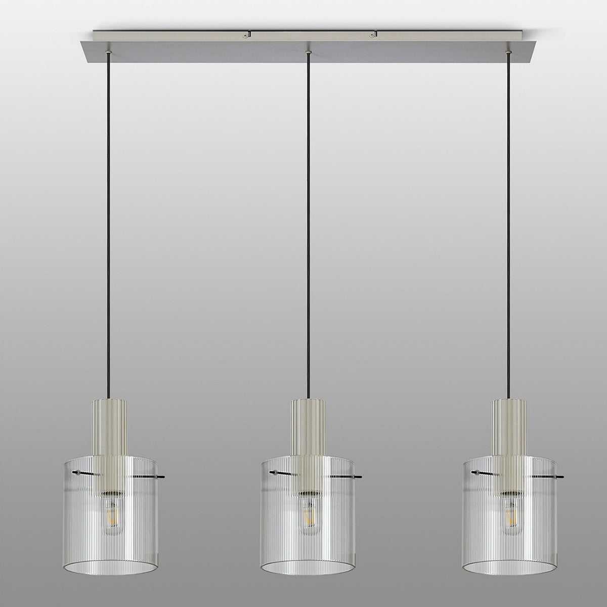 Belstone Fine Ribbed Triple Drop Linear Pendant in Beige Stone with Clear Glass