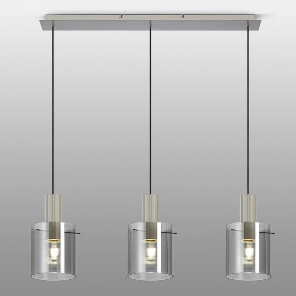 Belstone Fine Ribbed Triple Drop Linear Pendant in Beige Stone with Smoke Glass
