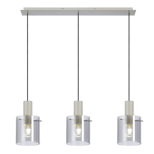 Belstone Fine Ribbed Triple Drop Linear Pendant in Beige Stone with Smoke Glass
