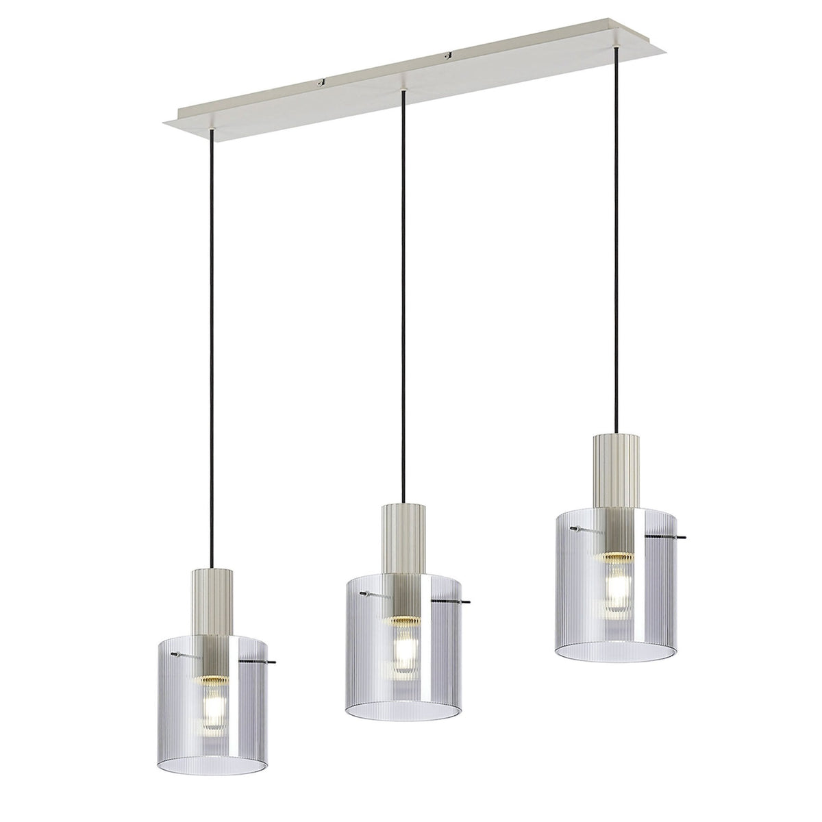 Belstone Fine Ribbed Triple Drop Linear Pendant in Beige Stone with Smoke Glass