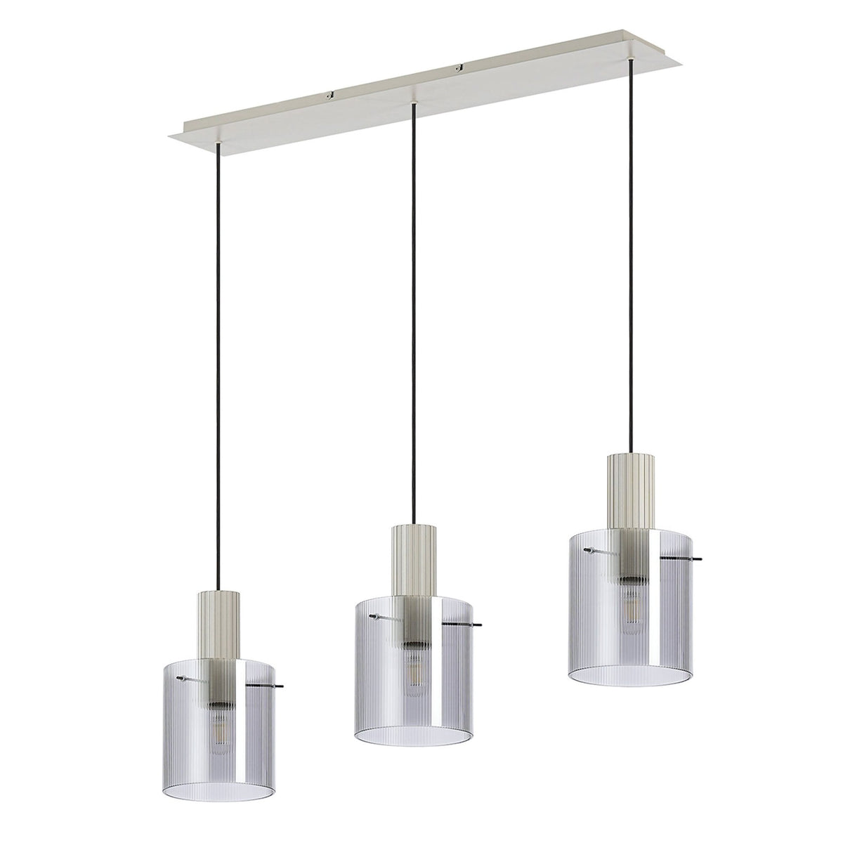 Belstone Fine Ribbed Triple Drop Linear Pendant in Beige Stone with Smoke Glass
