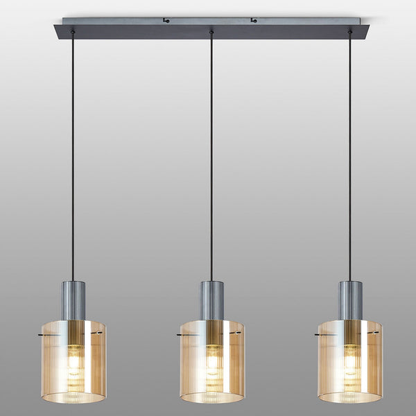 Belstone Fine Ribbed Triple Drop Linear Pendant in Dark Grey with Amber Glass