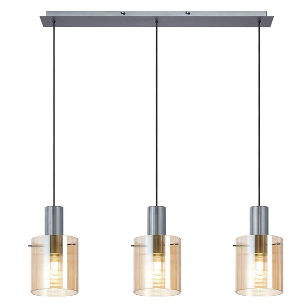 Belstone Fine Ribbed Triple Drop Linear Pendant in Dark Grey with Amber Glass