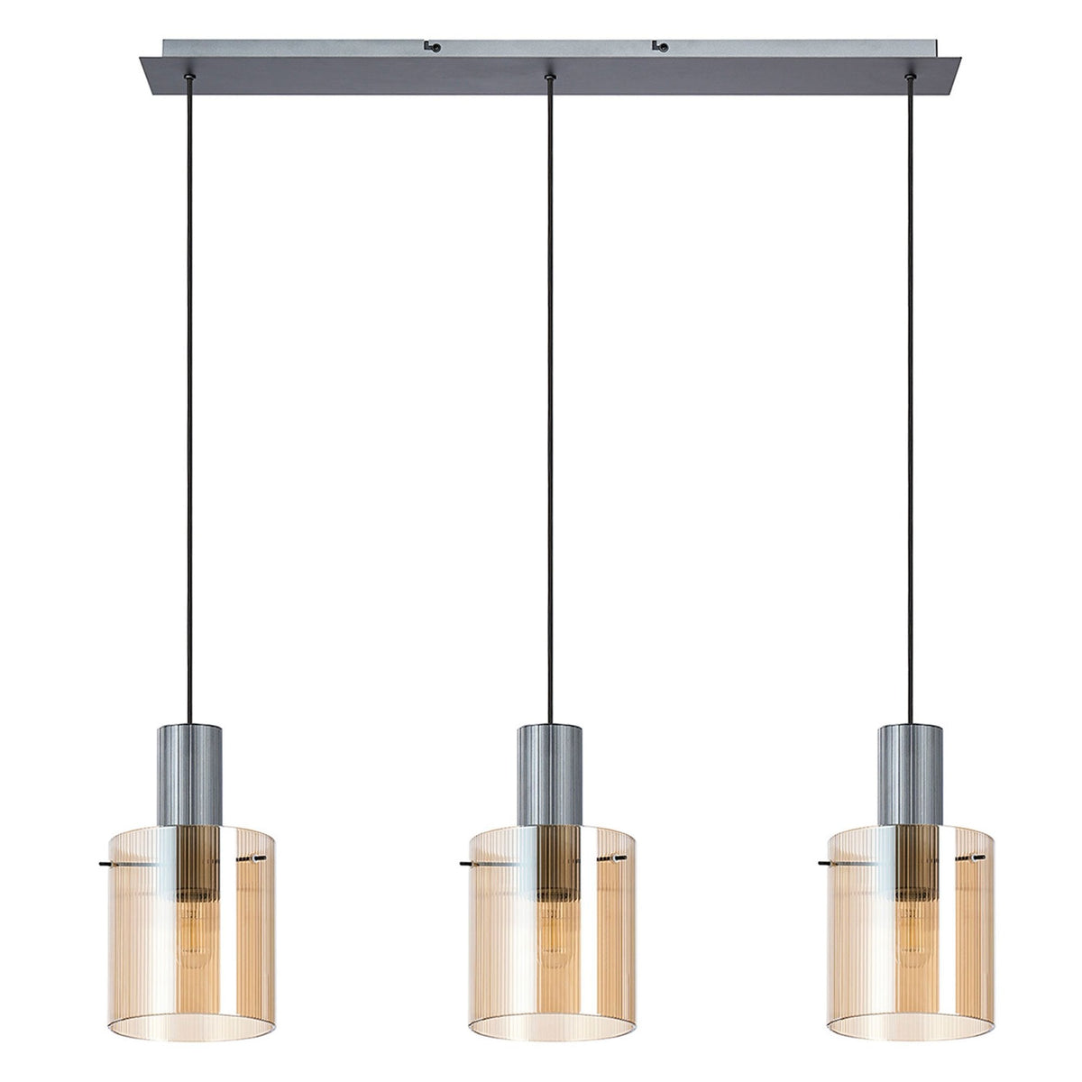 Belstone Fine Ribbed Triple Drop Linear Pendant in Dark Grey with Amber Glass