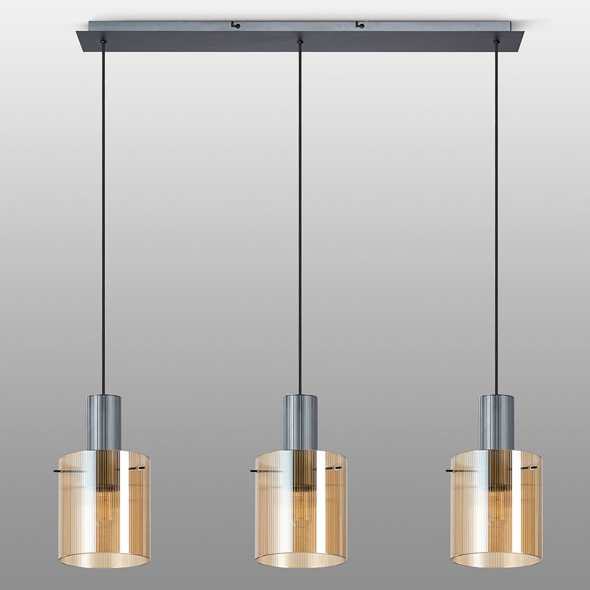 Belstone Fine Ribbed Triple Drop Linear Pendant in Dark Grey with Amber Glass
