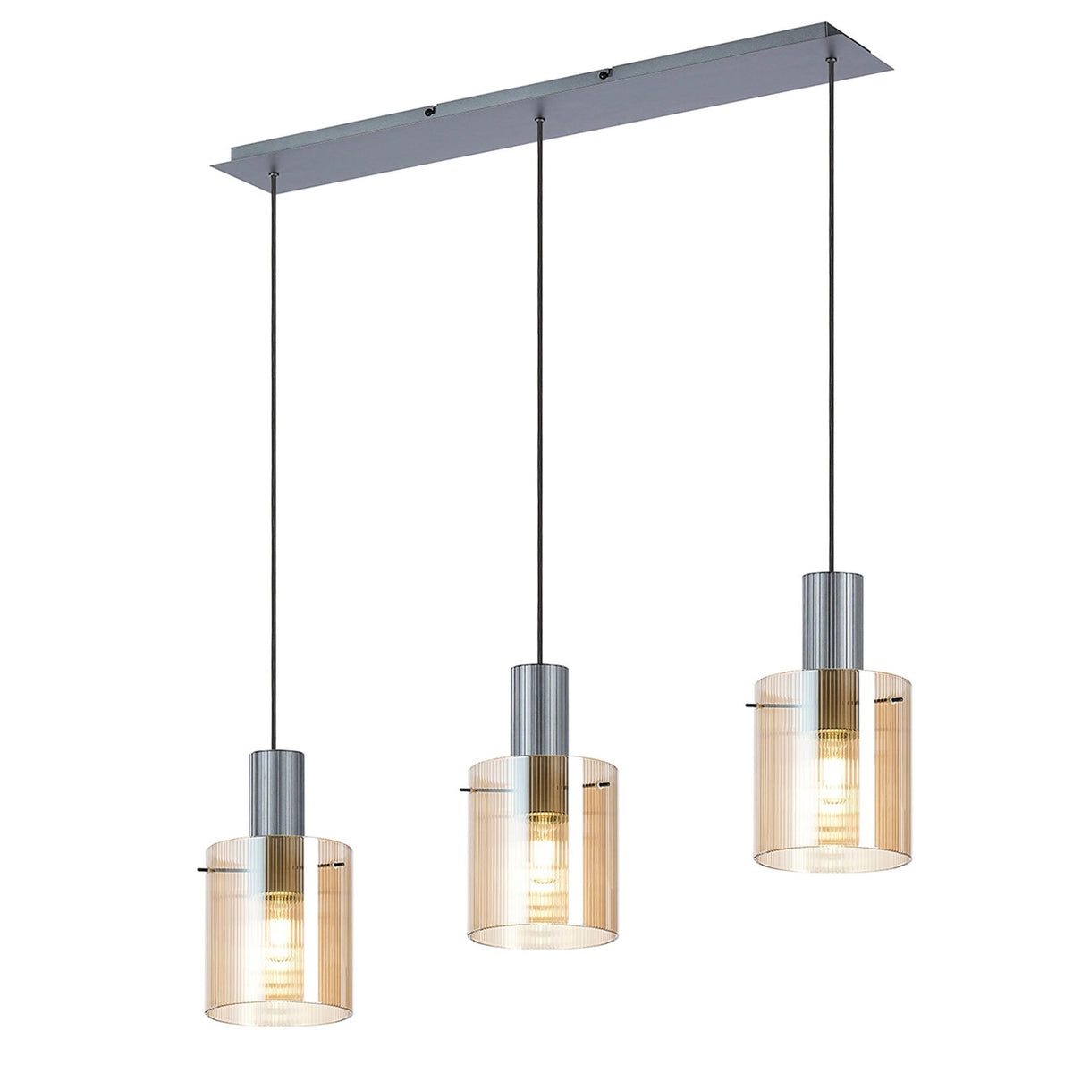 Belstone Fine Ribbed Triple Drop Linear Pendant in Dark Grey with Amber Glass