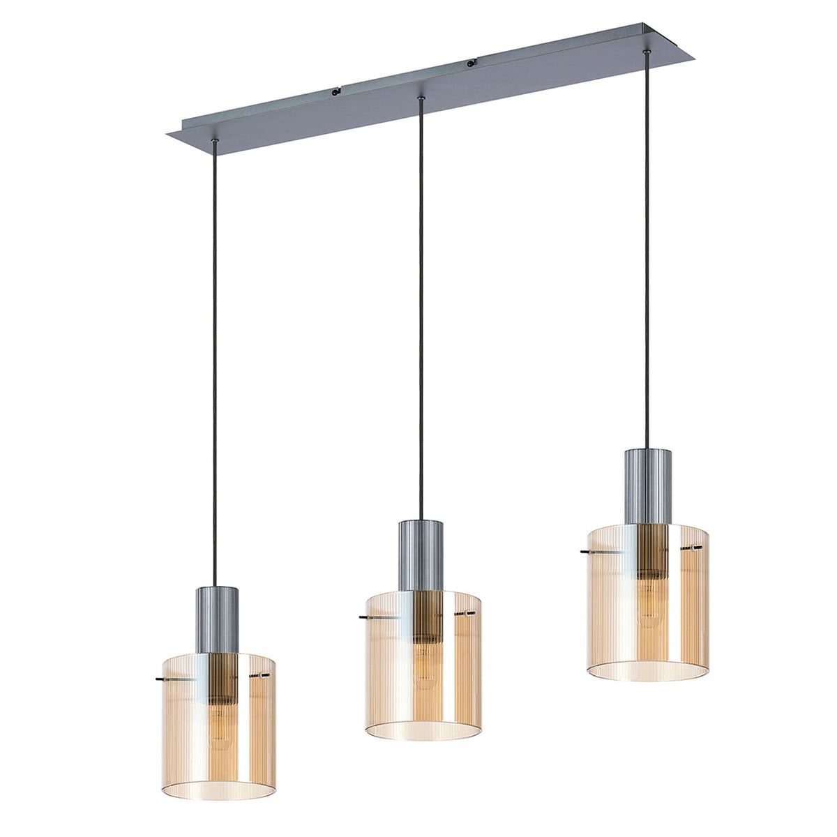 Belstone Fine Ribbed Triple Drop Linear Pendant in Dark Grey with Amber Glass