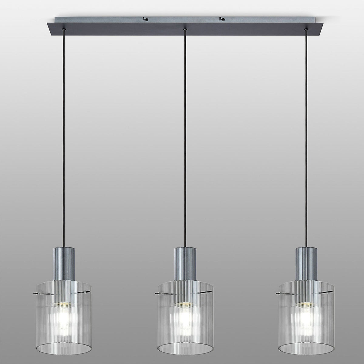 Belstone Fine Ribbed Triple Drop Linear Pendant in Dark Grey with Clear Glass