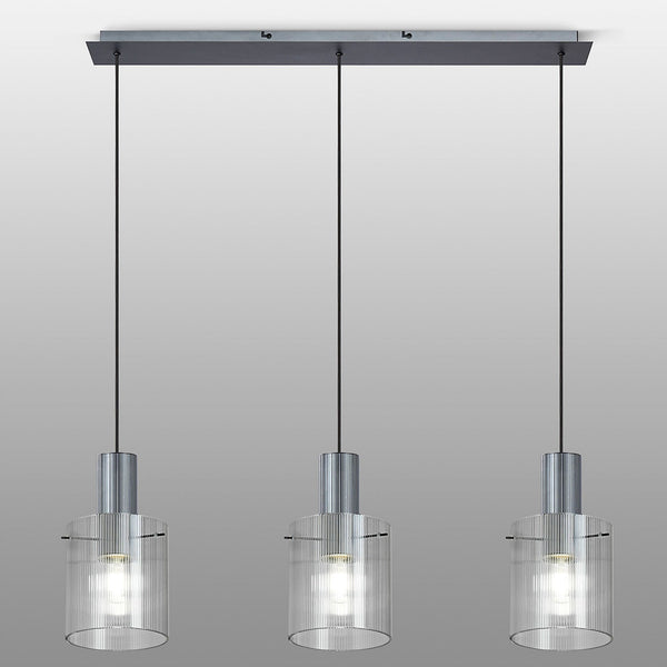 Belstone Fine Ribbed Triple Drop Linear Pendant in Dark Grey with Clear Glass