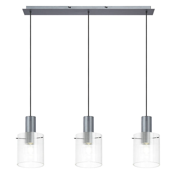 Belstone Fine Ribbed Triple Drop Linear Pendant in Dark Grey with Clear Glass