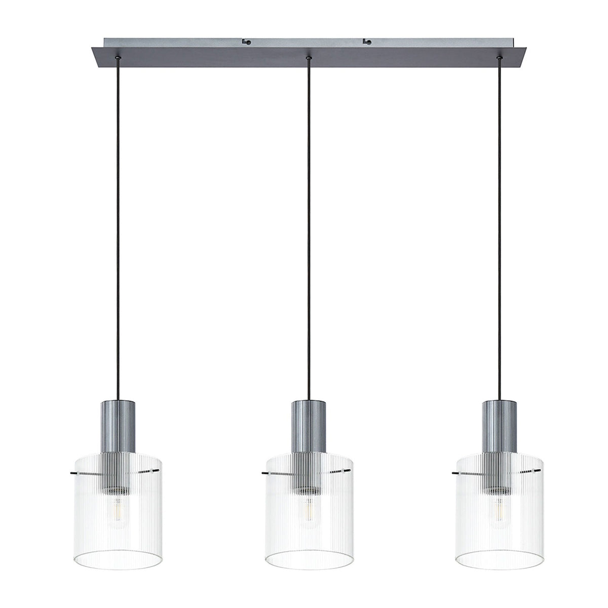 Belstone Fine Ribbed Triple Drop Linear Pendant in Dark Grey with Clear Glass