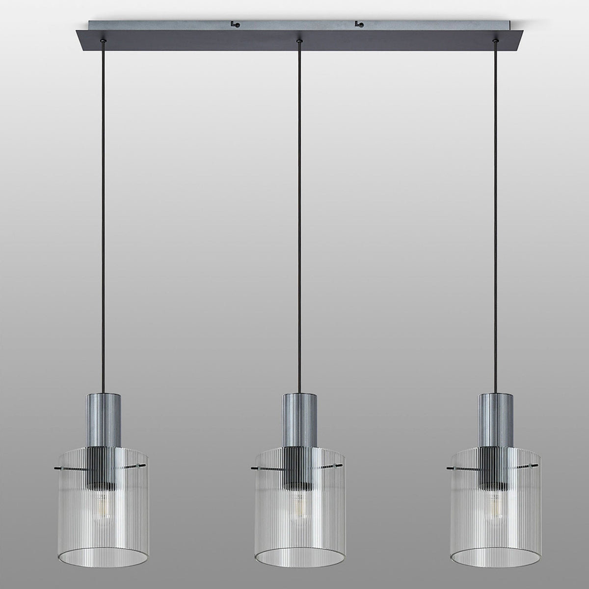 Belstone Fine Ribbed Triple Drop Linear Pendant in Dark Grey with Clear Glass